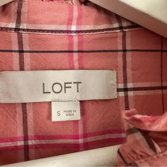 LOFT Pink Plaid Ruffle Button Down Blouse Women's Size S - Picture 3 of 5